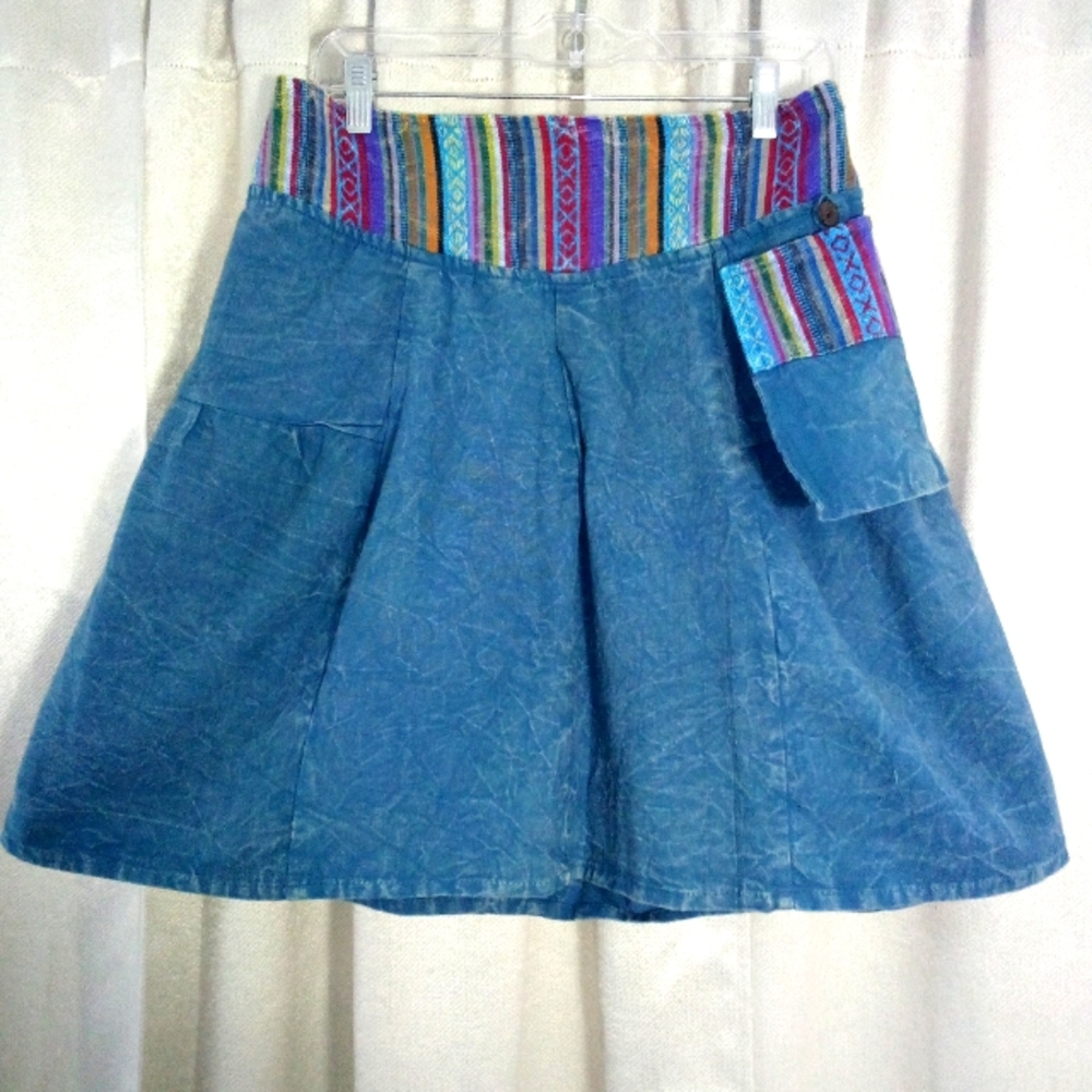 Jayli Hippie Clothes Skirt Dyed Blue Crinkle  with Colorful Aztec Trim s…